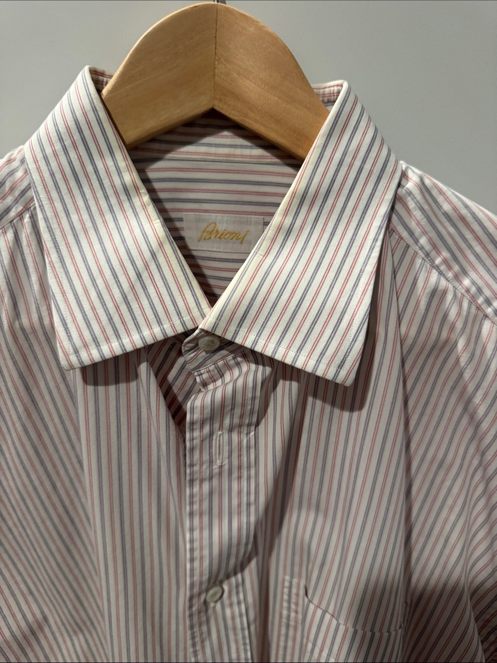 Brioni White Dress Shirt with Red and Blue Pinstripes